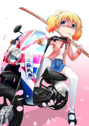 Rule 34 | 10s, 1girl, alice cartelet, blonde hair, blue eyes, blue skirt, bokken, bousouzoku, child, commentary request, delinquent, eroero884, highres, kin-iro mosaic, mary janes, momo no suidou-sui, motor vehicle, motorcycle, mouth hold, petals, ribbon, shaded face, shoes, skirt, solo, sword, thighhighs, translation request, twintails, union jack, vehicle, weapon, white thighhighs, wooden sword