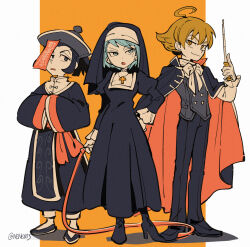 Rule 34 | 1girl, 2boys, ace attorney, ace attorney investigations, ace attorney investigations 2, black dress, black footwear, blue eyes, blue hair, cape, chinese clothes, closed mouth, cross, cross necklace, dress, franziska von karma, full body, habit, halloween costume, hand on own hip, hat, highres, holding, holding pointer, holding whip, ichiyanagi yumihiko, jewelry, jiangshi costume, long sleeves, mole, mole under eye, multiple boys, necklace, nono (norabi), nun, ofuda, open mouth, pants, phoenix wright: ace attorney - spirit of justice, pointer, qingdai guanmao, short hair, smile, standing, traditional nun, uendo toneido, wide sleeves