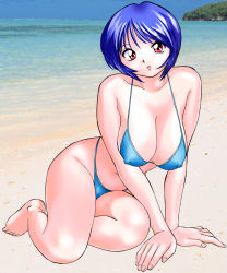 Rule 34 | 1girl, arm support, bare legs, barefoot, beach, bikini, blue hair, breasts, covered erect nipples, large breasts, leaning forward, lying, ocean, okamoto fujio, on side, original, photo background, short hair, sitting, solo, swimsuit