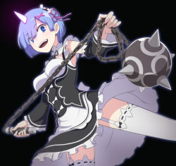 Rule 34 | 10s, 1girl, blue eyes, blue hair, blush, commentary request, crazy, crazy eyes, crazy smile, detached sleeves, flail, frills, from below, garter straps, hair ornament, hair over one eye, horns, looking at viewer, maid, matching hair/eyes, morning star, nanashino, re:zero kara hajimeru isekai seikatsu, rem (re:zero), ribbon, short hair, single horn, smile, solo, spoilers, thighhighs, weapon, white thighhighs, x hair ornament
