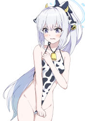 Rule 34 | 1girl, animal ears, animal print, black bow, blue archive, blue halo, blush, bow, breasts, casual one-piece swimsuit, collarbone, commentary request, covered erect nipples, cow ears, cow horns, cow print, cowboy shot, embarrassed, fake animal ears, fake horns, groin, hair bow, halo, highres, horns, ishikane aoi, long hair, miyako (blue archive), one-piece swimsuit, ponytail, purple eyes, simple background, small breasts, solo, swimsuit, tearing up, white background, white hair