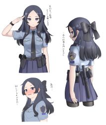 Rule 34 | 1girl, arm up, black bow, black hair, black necktie, black pantyhose, blue shirt, blue skirt, blush, bow, braid, breasts, collared shirt, cropped legs, cropped torso, cuffs, forehead, gun, hair bow, handcuffs, handgun, highres, holstered, long hair, multiple views, necktie, nose blush, original, pantyhose, paravene, parted bangs, parted lips, pleated skirt, purple eyes, shirt, short sleeves, simple background, skirt, small breasts, sweat, tie clip, translation request, weapon, weapon request, white background