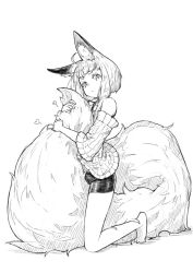 Rule 34 | 1girl, :&lt;, ahoge, animal ear fluff, animal ears, bare legs, bare shoulders, barefoot, between legs, bike shorts, blunt bangs, closed mouth, fluffy, fox ears, fox tail, full body, greyscale, hugging own tail, hugging tail, jaco, kneeling, large tail, long sleeves, looking at viewer, monochrome, off-shoulder, off-shoulder sweater, off shoulder, original, self hug, shirt, short hair, short hair with long locks, simple background, sketch, solo, sweater, tail, tail between legs, tareme, white background