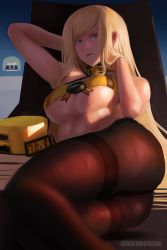 Rule 34 | 1girl, absurdres, ass, backlighting, blonde hair, blue eyes, breasts, brown pantyhose, choker, commentary, dudeunderscore, english commentary, guilty gear, guilty gear xrd, hands in hair, hat, highres, large breasts, legs together, long hair, looking at viewer, lying, millia rage, on side, pantyhose, reclining, solo, strapless, swept bangs, thighband pantyhose, thighs, tube top, underboob, unworn hat, unworn headwear, very long hair, yellow choker, yellow hat