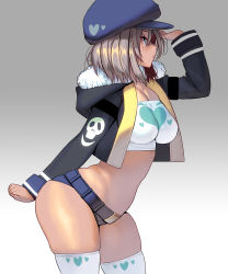 Rule 34 | 1girl, absurdres, bandeau, blue eyes, breasts, cabbie hat, cowboy shot, cropped jacket, grey background, hat, highres, hood, hood down, hooded jacket, jacket, kouno (masao), light brown hair, medium breasts, micro shorts, open clothes, open jacket, original, profile, short hair, short shorts, shorts, solo, thighhighs, white thighhighs