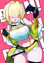 Rule 34 | 1girl, absurdres, ahoge, black gloves, blonde hair, blush, breasts, clothing cutout, controller, crop top, crop top overhang, cropped sweater, elegg (nikke), exposed pocket, game controller, gloves, goddess of victory: nikke, grey shorts, hair intakes, hair over eyes, highres, holding, holding controller, holding game controller, itsuki isshiki, large breasts, long bangs, long sleeves, micro shorts, multicolored hair, navel, open mouth, purple eyes, short hair, shorts, shoulder cutout, solo, suspender shorts, suspenders, sweatdrop, thigh strap, thighs, two-tone hair