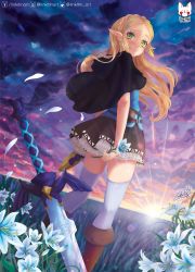 Rule 34 | 1girl, absurdres, belt, blonde hair, blush, boots, cape, earrings, flower, grass, grin, highres, jewelry, legs, long hair, looking at viewer, looking back, master sword, nintendo, pointy ears, princess zelda, purple sky, skirt, sky, smile, solo, standing, sunset, sword, the legend of zelda, the legend of zelda: breath of the wild, thighhighs, weapon
