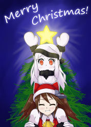 Rule 34 | 10s, ^ ^, abyssal ship, arms up, bell, biteear, brown hair, carrying, christmas, christmas tree, closed eyes, colored skin, hat, highres, kantai collection, long hair, looking at viewer, merry christmas, mittens, northern ocean princess, open mouth, orange eyes, ryuujou (kancolle), santa hat, shoulder carry, smile, twintails, white hair, white mittens, white skin