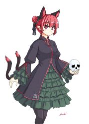 Rule 34 | 1girl, animal ears, blush, cat ears, cat girl, cat tail, double bun, dress, embellished costume, extra ears, female focus, frilled dress, frilled sleeves, frills, isaki (gomi), kaenbyou rin, looking at viewer, multiple tails, nekomata, pantyhose, pointy ears, red eyes, red hair, skull, solo, tabard, tail, touhou, two tails