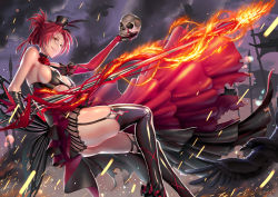Rule 34 | 1girl, alternate costume, bare shoulders, bird, black gloves, black thighhighs, blood, blood rose, breasts, cleavage, cloud, cloudy sky, crow, dress, elbow gloves, fire, folded ponytail, garter straps, gloves, gotointhepark, hair ornament, hat, holding, holding skull, holding sword, holding weapon, honkai (series), honkai impact 3rd, large breasts, light particles, long hair, looking at viewer, mini hat, murata himeko, murata himeko (blood rose), parted bangs, red gloves, red hair, sideboob, skindentation, skull, sky, smile, smirk, solo, sword, thighhighs, thighs, two-tone dress, weapon, yellow eyes