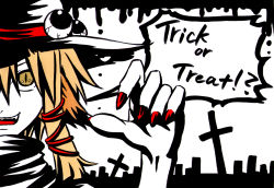 Rule 34 | 1girl, animal ears, cross, english text, female focus, flat color, halloween, hat, kemonomimi mode, looking at viewer, moriya suwako, nail polish, nora wanko, pyonta, red nails, slit pupils, solo, touhou, trick or treat, upper body, witch hat