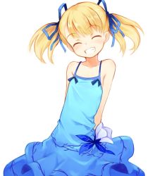 Rule 34 | 1girl, arms behind back, bare shoulders, blonde hair, blush, child, closed eyes, dress, flat chest, grin, hair ribbon, happy, kurasuke, long hair, original, ribbon, simple background, smile, solo, twintails