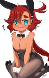 Rule 34 | 1girl, animal ears, bare shoulders, between legs, black bow, black bowtie, black footwear, black hairband, black leotard, blue eyes, blush, bow, bowtie, breasts, brown pantyhose, cleavage, collar, commentary request, detached collar, fake animal ears, fishnet pantyhose, fishnets, gundam, gundam suisei no majo, hair between eyes, hairband, hand between legs, high heels, kanijiru, large breasts, leotard, long hair, nose blush, open mouth, pantyhose, playboy bunny, rabbit ears, red hair, shoe soles, short eyebrows, signature, simple background, sitting, solo, strapless, strapless leotard, suletta mercury, tears, thick eyebrows, translation request, trembling, very long hair, wariza, wavy mouth, white background, white collar, wrist cuffs