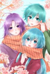Rule 34 | 1girl, 2boys, :d, ahoge, blue eyes, blue hair, blurry, blurry foreground, blush, casual, coat, eirika (fire emblem), ephraim (fire emblem), fire emblem, fire emblem: the sacred stones, flower, green sweater, hair between eyes, hair intakes, highres, long hair, long sleeves, looking at viewer, lyon (fire emblem), misato hao, multiple boys, nintendo, open mouth, orange scarf, pink flower, purple eyes, purple hair, purple sweater, red coat, scarf, smile, striped clothes, striped scarf, sweater, very long hair