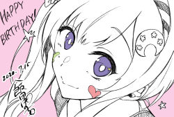 Rule 34 | 1girl, airani iofifteen, airani iofifteen (1st costume), bright pupils, close-up, dated, happy birthday, hololive, hololive indonesia, looking at viewer, looking up, paint splatter, palette hair ornament, pink background, pochi (pochi-goya), purple eyes, side ponytail, smile, solo, star (symbol), virtual youtuber, white pupils