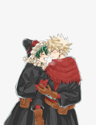 Rule 34 | 2boys, bakugou katsuki, black coat, black headwear, blonde hair, blush, boku no hero academia, brown gloves, closed eyes, closed mouth, coat, commentary, freckles, fur-trimmed headwear, fur trim, gloves, green hair, grin, hat, highres, hkt26as, long sleeves, looking at another, male focus, midoriya izuku, multiple boys, official alternate costume, red gloves, red scarf, scarf, short hair, simple background, smile, spiked hair, standing, white background, winter clothes, yaoi