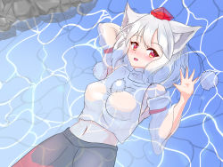 Rule 34 | 1girl, animal ears, bare shoulders, black skirt, blush, breasts, detached sleeves, fang, genrou mof, hat, highres, in water, inubashiri momiji, leaf, maple leaf, medium breasts, midriff, multicolored clothes, multicolored skirt, navel, open mouth, pom pom (clothes), red eyes, red skirt, ribbon-trimmed sleeves, ribbon trim, shirt, short hair, silver hair, skirt, sleeveless, sleeveless shirt, solo, tail, tokin hat, touhou, turtleneck, white shirt, wide sleeves, wolf ears, wolf tail