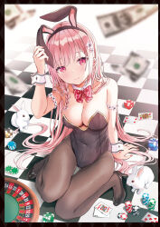 Rule 34 | 1girl, ace (playing card), ace of clubs, akino ell, animal, animal ears, arm support, arm up, banknote, bare shoulders, black footwear, black hairband, black leotard, blurry, bow, bowtie, braid, breasts, brown pantyhose, card, checkered floor, cleavage, club (shape), covered navel, depth of field, detached collar, dice, dollar bill, fake animal ears, gold trim, hairband, high heels, highres, king (playing card), king of hearts (playing card), large breasts, leotard, long hair, looking at viewer, money, nail polish, original, pantyhose, pink hair, playboy bunny, playing card, poker chip, queen (playing card), queen of hearts (playing card), rabbit, rabbit ears, red eyes, sitting, solo, strapless, strapless leotard, tile floor, tiles, very long hair, wrist cuffs
