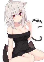Rule 34 | 1girl, absurdres, animal, animal ear fluff, animal ears, bare shoulders, bat (animal), black sweater, blush, breasts, brown wings, cat ears, cleavage, closed mouth, commentary request, demon wings, hair between eyes, hand up, highres, looking at viewer, low wings, medium breasts, memekko, off-shoulder sweater, off shoulder, original, red eyes, ribbed sweater, simple background, sitting, solo, sweater, wariza, white background, white hair, wings