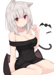 1girl absurdres animal animal_ear_fluff animal_ears bare_shoulders bat_(animal) black_sweater blush breasts brown_wings cat_ears cleavage closed_mouth commentary_request demon_wings hair_between_eyes hand_up highres looking_at_viewer low_wings medium_breasts memekko off-shoulder_sweater off_shoulder original red_eyes ribbed_sweater simple_background sitting solo sweater wariza white_background white_hair wings