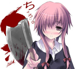 Rule 34 | 1girl, axe, blood, blush, gasai yuno, hatchet, hatchet (axe), kantoku, mirai nikki, solo, weapon