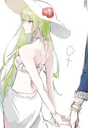 1boy 1girl absurdres bikini couple enkidu_(fate) fate/grand_order fate_(series) genderswap gilgamesh gilgamesh_(caster)_(fate) gilgamesh_(fate) green_hair highres holding_hands long_hair simple_background sketch swimsuit yammu