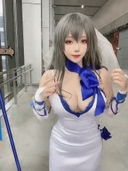 Rule 34 | 1girl, animated, animated gif, asian, azur lane, bare shoulders, bouncing breasts, breasts, brown eyes, chinese (nationality), cleavage, cosplay, cross, dress, earrings, grey hair, hand wraps, indoors, jewelry, jiggle, large breasts, lips, long hair, looking at viewer, necktie, photo (medium), red lips, ribbon, saint-louis (azur lane), saint-louis (azur lane) (cosplay), sleeveless, sleeveless dress, solo, takomayuyi, veil, white dress