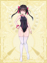 Rule 34 | 1girl, bare shoulders, black hair, blush, breasts, chain paradox, closed mouth, cocytus (wind master), competition swimsuit, covered navel, feet, flower, full body, gluteal fold, hair between eyes, hair ornament, hair ribbon, hand on own hip, highleg, highleg swimsuit, knees together feet apart, looking at viewer, low twintails, no shoes, one-piece swimsuit, pink eyes, red ribbon, ribbon, shiny clothes, shiny skin, sidelocks, small breasts, smile, solo, standing, swimsuit, thighhighs, thighs, toes, twintails, white thighhighs, yellow background