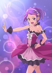 Rule 34 | 1girl, :d, arm strap, black choker, bow, breasts, chocokin, choker, cleavage, collarbone, dokidoki! precure, dress, floating hair, hair ornament, hairband, hand on own hip, headset, heart, heart hair ornament, idol, index finger raised, kenzaki makoto, lens flare, microphone, open mouth, parted bangs, precure, purple background, purple eyes, purple hair, short dress, short hair, signature, sleeveless, sleeveless dress, small breasts, smile, solo, standing, strapless, strapless dress, white bow, white hairband, wrist cuffs