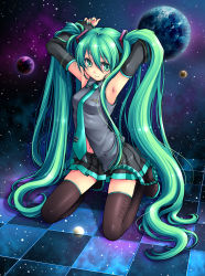 Rule 34 | 1girl, absurdres, armpits, checkered floor, colorized, detached sleeves, ginta, green eyes, green hair, green nails, hatsune miku, headset, highres, kneeling, long hair, long legs, matching hair/eyes, moon, nail polish, navel, necktie, perspective, planet, skirt, solo, star (symbol), thighhighs, tidsean, twintails, very long hair, vocaloid, zettai ryouiki