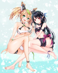 Rule 34 | 2girls, :d, absurdres, anette (pso2), anklet, arm support, ass, bad id, bad pixiv id, bare shoulders, barefoot, bikini, black bikini, black hair, blonde hair, breasts, cleavage cutout, clothing cutout, collarbone, detached collar, feet, frills, full body, gene (pso2), green eyes, green hair, hair between eyes, hair ornament, hairclip, holding hands, headgear, highres, interlocked fingers, jewelry, large breasts, long hair, long sleeves, looking at viewer, midriff, multicolored hair, multiple girls, open mouth, phantasy star, phantasy star online 2, pointy ears, red eyes, sitting, small breasts, smile, soles, streaked hair, swimsuit, thigh gap, thighs, toes, twintails, two-tone hair, underboob, yoshida iyo