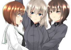 Rule 34 | 10s, 3girls, arm grab, arm up, black neckerchief, blouse, blue eyes, closed mouth, commentary, dress shirt, frown, girl sandwich, girls und panzer, grey shirt, hug, itsumi erika, ken hayasaka, kuromorimine school uniform, long hair, long sleeves, looking at another, multiple girls, neckerchief, nishizumi maho, nishizumi miho, ooarai school uniform, open mouth, sandwiched, school uniform, serafuku, shirt, short hair, siblings, silver hair, simple background, sisters, smile, standing, upper body, white background, white shirt, yuri