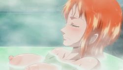 Rule 34 | 1girl, animated, animated gif, bath, breasts, closed eyes, floating breasts, large areolae, nami (one piece), nipples, nude, nude filter, one piece, partially submerged, s10collage, third-party edit, water