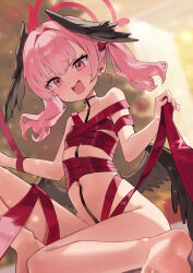 1girl absurdres bada_(jksh5056) barefoot black_wings blue_archive blurry blurry_background blush body_markings breasts christmas_tree commentary feathered_wings halo head_wings highres koharu_(blue_archive) low_wings naked_ribbon navel open_mouth pink_eyes pink_hair pink_halo red_ribbon ribbon small_breasts solo stomach sweat symbol-only_commentary twintails wings