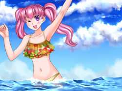 Rule 34 | 1girl, 74, :d, arms up, bikini, blush, cloud, day, fire emblem, fire emblem: the blazing blade, gradient background, long hair, navel, nintendo, one eye closed, open mouth, partially submerged, pink hair, purple eyes, serra (fire emblem), sky, smile, solo, swimsuit, twintails, water