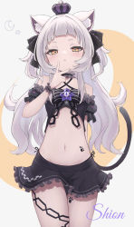 Rule 34 | 1girl, absurdres, animal ear fluff, animal ears, arm behind back, arm garter, black ribbon, black skirt, blush, cat ears, cat tail, character name, child, choker, closed mouth, commentary, crescent, crown, frilled choker, frills, frown, grey background, hair ribbon, halterneck, higashigure, highres, hololive, long hair, looking at viewer, midriff, murasaki shion, murasaki shion (gothic lolita), navel, paw print, ribbon, skirt, solo, standing, star (symbol), tail, thighs, virtual youtuber, white choker, white hair, yellow eyes