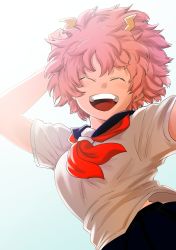 Rule 34 | 10s, 1girl, ^ ^, absurdres, antennae, arm up, ashido mina, boku no hero academia, breasts, closed eyes, colored skin, happy, highres, looking at viewer, medium breasts, open mouth, pink hair, pink skin, pleated skirt, school uniform, serafuku, short hair, short sleeves, simple background, skirt, smile, solo, teeth, upper body, white background