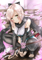 Rule 34 | 1girl, absurdres, ahoge, black thighhighs, blonde hair, blush, bow, breasts, cherry blossoms, fate/grand order, fate (series), hair bow, highres, japanese clothes, kimono, koha-ace, looking at viewer, okita souji (fate), okita souji (koha-ace), riyo (ryon 96), scarf, short hair, short kimono, small breasts, solo, squatting, thighhighs, yellow eyes