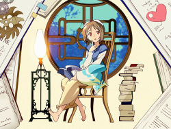 Rule 34 | 00s, 1girl, barefoot, book, book stack, brown hair, feet, finger to face, goggles, looking away, rinrin (sister princess), short hair, sister princess, solo, thinking