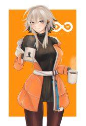 Rule 34 | 1girl, absurdres, arknights, breasts, coffee mug, cup, earphones, gloves, grey eyes, hair between eyes, highres, holding, id card, jacket, large breasts, looking at viewer, mayer (arknights), mug, open mouth, rhine lab logo, rhodes island logo (arknights), ribbed sweater, silver hair, smile, solo, standing, superbeek4, sweater, thighs, turtleneck, turtleneck sweater, yellow background, yellow jacket