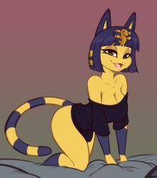 Rule 34 | 1girl, :3, animal crossing, animal ears, ankha (animal crossing), bare shoulders, black shirt, blue hair, blunt bangs, bob cut, bottomless, bracelet, breasts, brown eyes, cat, cat ears, cat tail, cleavage, collarbone, colored skin, furry, furry female, hair ornament, half-closed eyes, highres, jewelry, large breasts, nintendo, open mouth, scorpdk, shirt, smile, smug, straight hair, striped, striped tail, tail, thick thighs, thighs, yellow skin