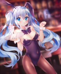 Rule 34 | 1girl, animal ears, artist name, blue eyes, blue hair, blurry, blurry background, blush, bow, bowtie, breasts, cleavage, collar, covered navel, cowboy shot, dutch angle, fake animal ears, food, hair between eyes, hatsune miku, ice cream, leotard, long hair, looking at viewer, medium breasts, nail polish, pantyhose, paw pose, playboy bunny, rabbit ears, sidelocks, solo, sundae, timins, tray, twintails, very long hair, vocaloid, wrist cuffs