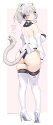 Rule 34 | 1girl, absurdres, animal ears, ass, bare back, bare shoulders, black panties, blue eyes, boots, breasts, cat ears, cat tail, character request, commentary, copyright request, deathalice, detached sleeves, facial mark, from behind, full body, grey hair, highres, juliet sleeves, large breasts, long sleeves, looking at viewer, looking back, no pants, panties, ponytail, puffy sleeves, short hair, skindentation, solo, standing, strapless, symbol-only commentary, tail, thigh boots, thighs, tube top, underwear, whisker markings, white footwear