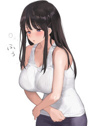 Rule 34 | 1girl, bare arms, bare shoulders, black hair, blue eyes, blush, breasts, commentary request, hair ornament, hairclip, kaisen chuui, large breasts, long hair, original, parted lips, shirt, sidelocks, simple background, sleeveless, solo, white background, white shirt