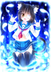 Rule 34 | &gt;:d, 1girl, :d, animal ears, black hair, black thighhighs, cat ears, cat tail, clothes lift, double m/, eyepatch, fang, kneeling, loafers, long sleeves, looking at viewer, m/, magic circle, midriff, navel, neckerchief, ooji cha, open mouth, original, school uniform, serafuku, shirt, shirt lift, shoes, skirt, skirt lift, smile, solo, tail, thighhighs, v-shaped eyebrows, wind, wind lift, yellow eyes, zettai ryouiki