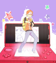Rule 34 | 1990s (style), 1boy, bad id, bad pixiv id, bag, baseball cap, brown eyes, brown hair, creatures (company), dancing, game freak, handheld game console, hat, male focus, nintendo, nintendo 3ds, pokemon, pokemon rgby, purple background, red (pokemon), red (pokemon frlg), retro artstyle, short hair, solo, star (symbol), starry background, tribute (tributism)