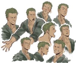 Rule 34 | 1boy, blush, coat, cropped torso, earrings, galsan12, green coat, green hair, happy, highres, jewelry, looking to the side, male focus, multiple views, one eye closed, one piece, open clothes, open mouth, profile, roronoa zoro, scar, scar across eye, scar on face, short hair, sideburns, simple background, single earring, smile, surprised, white background, wide-eyed