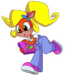 Rule 34 | 1girl, blonde hair, coco bandicoot, computer, crash bandicoot (series), furry, green eyes, hair ornament, laptop, open mouth, pink footwear, shoes