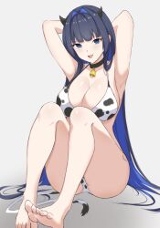 Rule 34 | 1girl, :d, animal print, armpits, arms up, ass, barefoot, bell, bikini, black choker, black hair, blue eyes, blue hair, breasts, choker, colored inner hair, cow horns, cow print, cow print bikini, cowbell, feet, full body, hololive, hololive english, horns, large breasts, long hair, multicolored hair, neck bell, open mouth, ouro kronii, print bikini, sitting, smile, soles, solo, swimsuit, thighs, toes, very long hair, virtual youtuber, zeropen