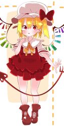 Rule 34 | 1girl, adapted costume, blonde hair, commentary, flandre scarlet, full body, hair between eyes, hat, hat ribbon, highres, laevatein (touhou), looking at viewer, medium hair, mob cap, multicolored wings, nacht musik, one side up, open mouth, pleated skirt, red eyes, red footwear, red ribbon, red skirt, ribbon, ribbon-trimmed headwear, ribbon trim, shirt, short sleeves, simple background, skirt, solo, touhou, white background, white hat, white shirt, wings